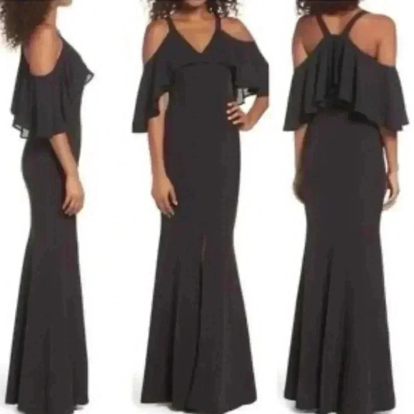 NWOT Jay Godfrey Black Flutter Chiffon Overlay Cold Shoulder Naomi Gown Size 6 - Picture 2 of 3